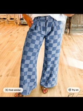 Checkerboard Wide-Leg Jeans - Blue